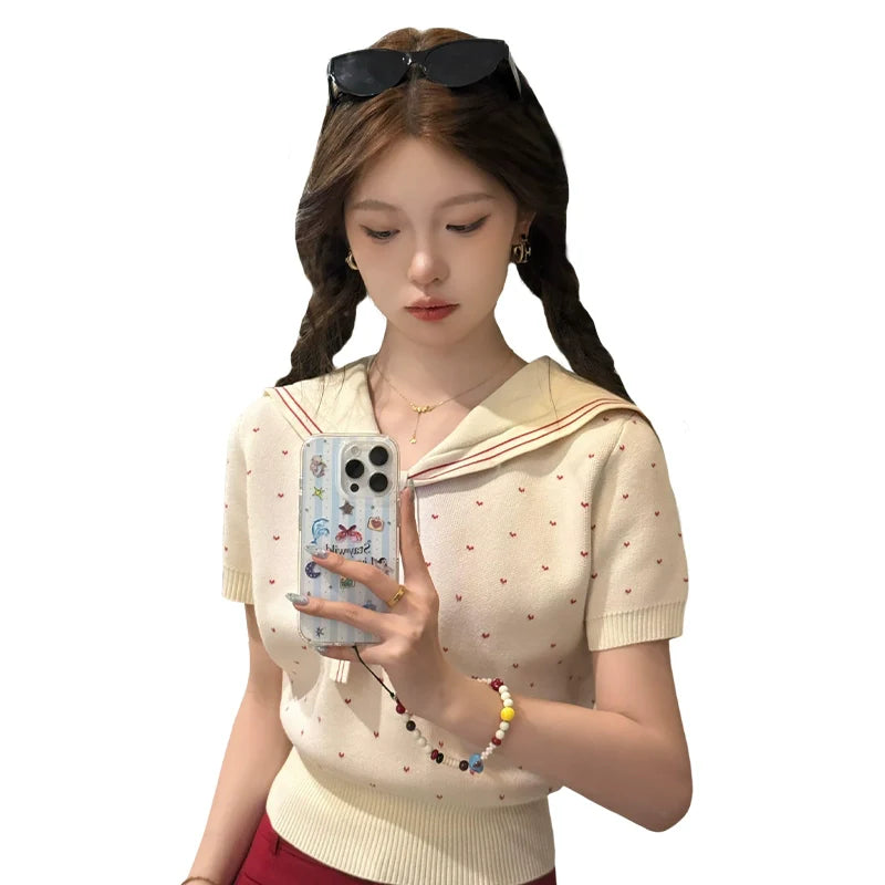Korean Collegiate Sailor-Neck Knit Top - kawaii-inspired outfit in pastel colors - 35978465