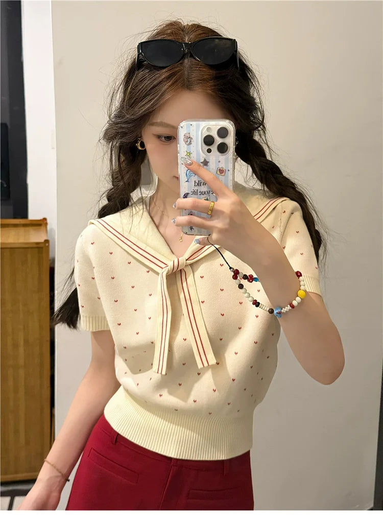 Korean Collegiate Sailor-Neck Knit Top - kawaii-inspired outfit in pastel colors - 1438573