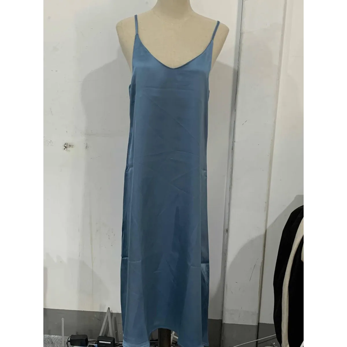 Satin Slip Dress Midi Sleeveless V-Neck Empire Waist - Blue / M - Slip Dress