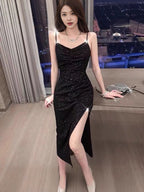 2024 Summer New Korean-style Hepburn Black Dress Mid-length Slimming Sequin Split Slim Sling Sexy dress