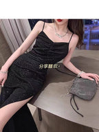 2024 Summer New Korean-style Hepburn Black Dress Mid-length Slimming Sequin Split Slim Sling Sexy dress