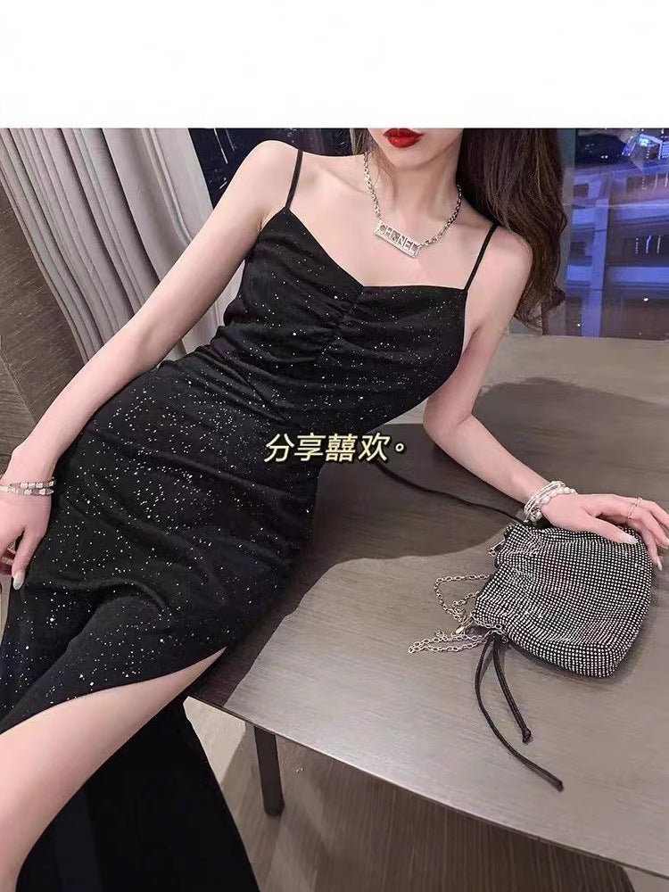 2024 Summer New Korean-style Hepburn Black Dress Mid-length Slimming Sequin Split Slim Sling Sexy dress