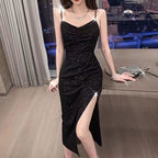 2024 Summer New Korean-style Hepburn Black Dress Mid-length Slimming Sequin Split Slim Sling Sexy dress - Black / S