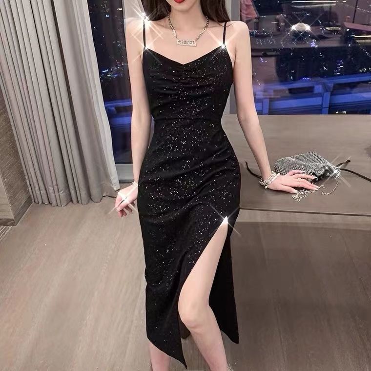 2024 Summer New Korean-style Hepburn Black Dress Mid-length Slimming Sequin Split Slim Sling Sexy dress - Black / S