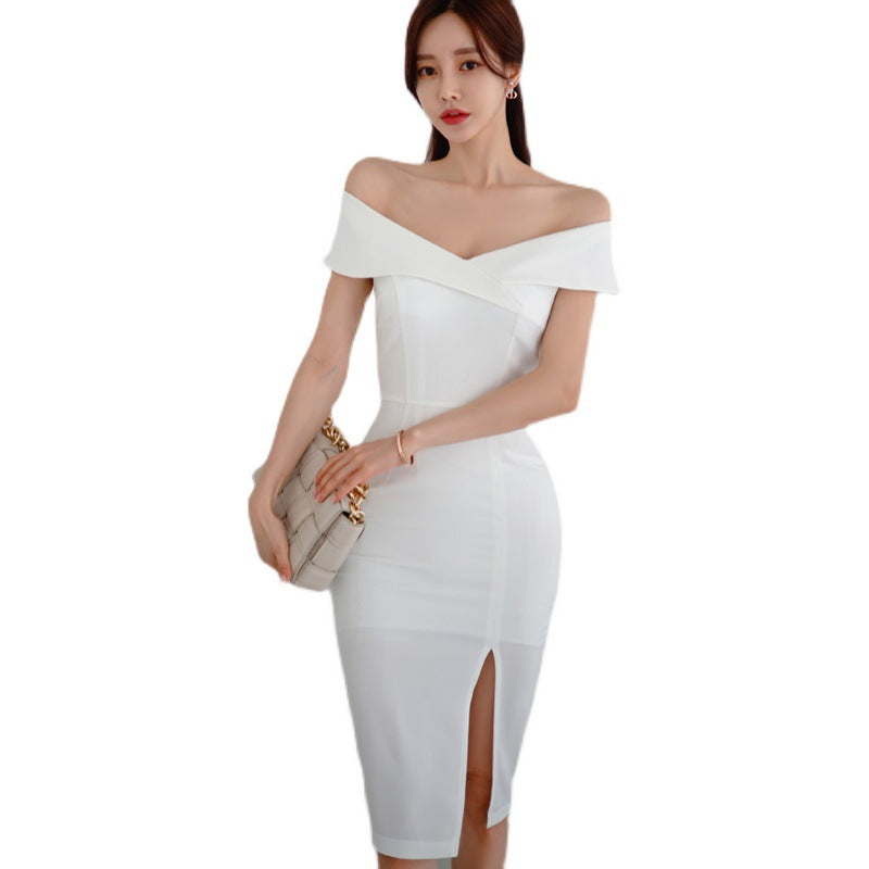 Foreign Trade Women’s 2023 Korean Style Summer Dress New Style Private Dress Socialite Sexy One-Shoulder Collar