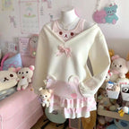 Japanese Kawaii Sweatshirts Women Autumn Sweet Bow Casual Off Shoulder Hoodies Design Elegant Lolita Tops Patchwork Coat