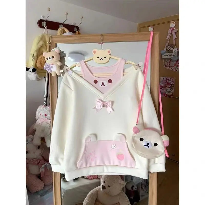 Japanese Kawaii Sweatshirts Women Autumn Sweet Bow Casual Off Shoulder Hoodies Design Elegant Lolita Tops Patchwork Coat