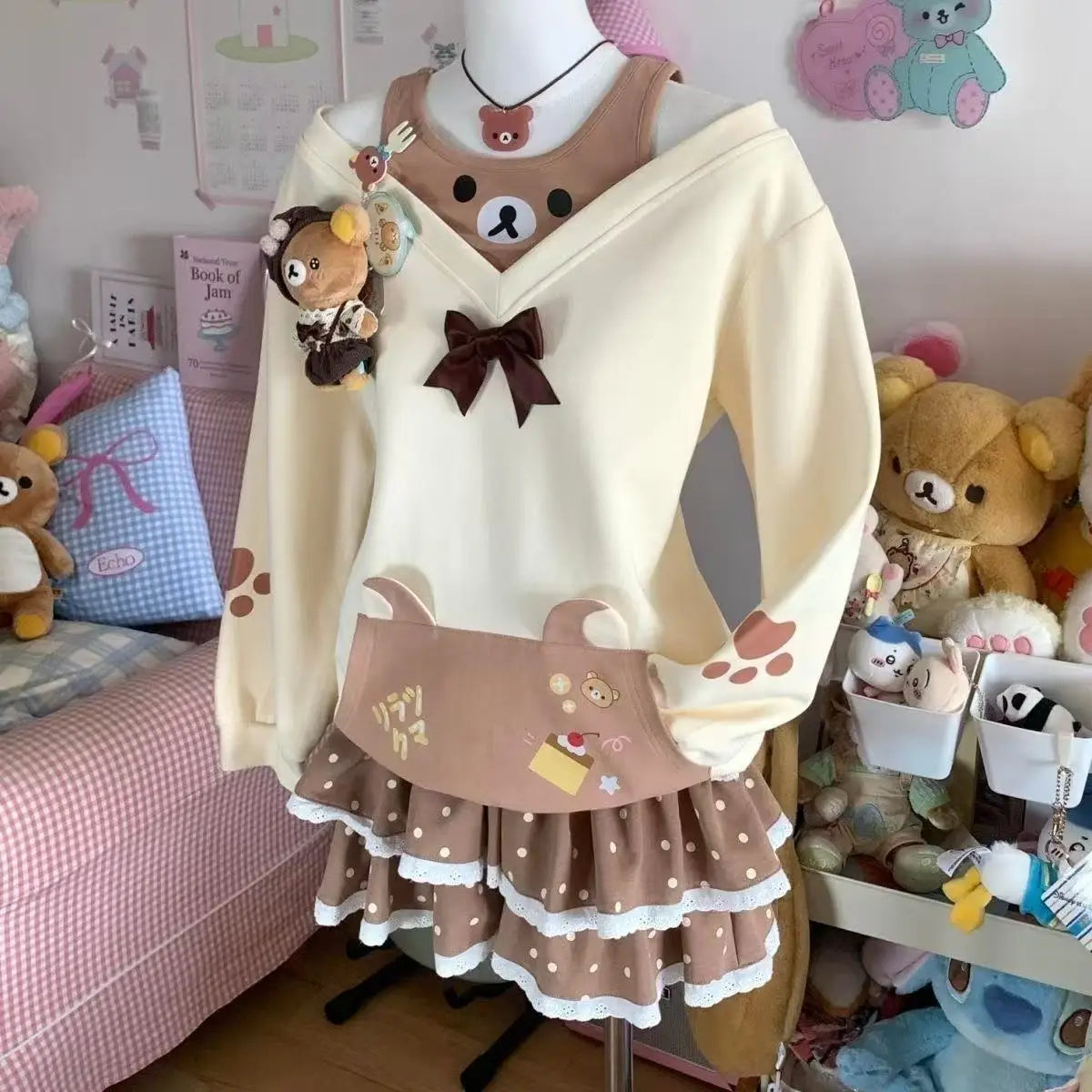Japanese Kawaii Sweatshirts Women Autumn Sweet Bow Casual Off Shoulder Hoodies Design Elegant Lolita Tops Patchwork
