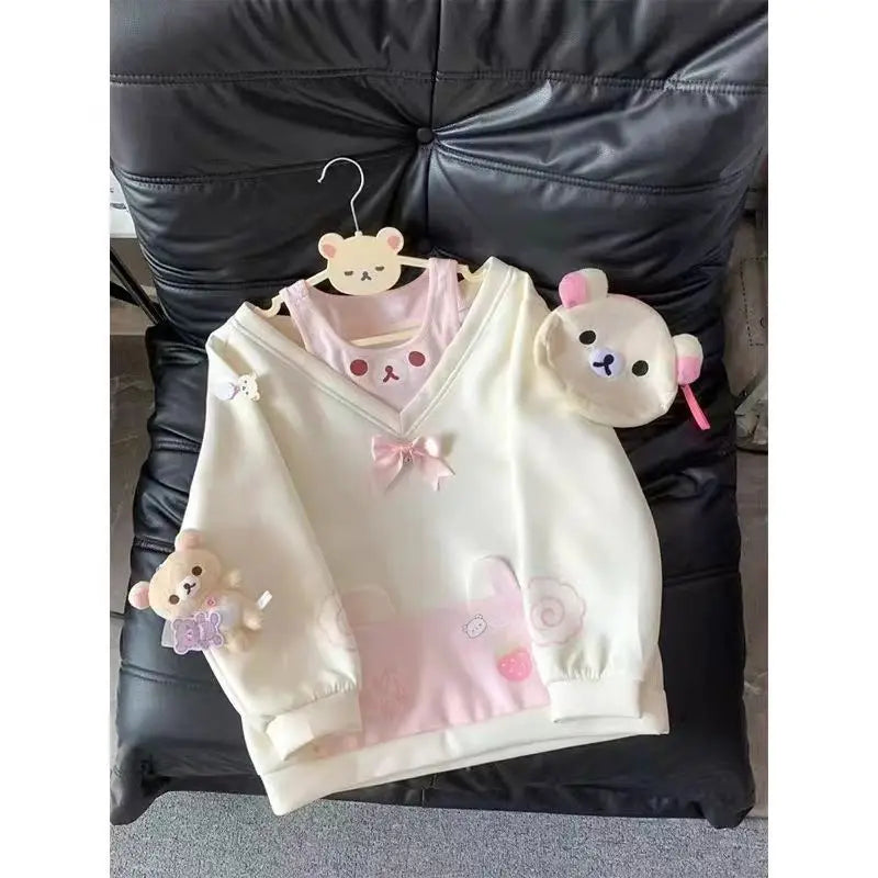 Japanese Kawaii Sweatshirts Women Autumn Sweet Bow Casual Off Shoulder Hoodies Design Elegant Lolita Tops Patchwork