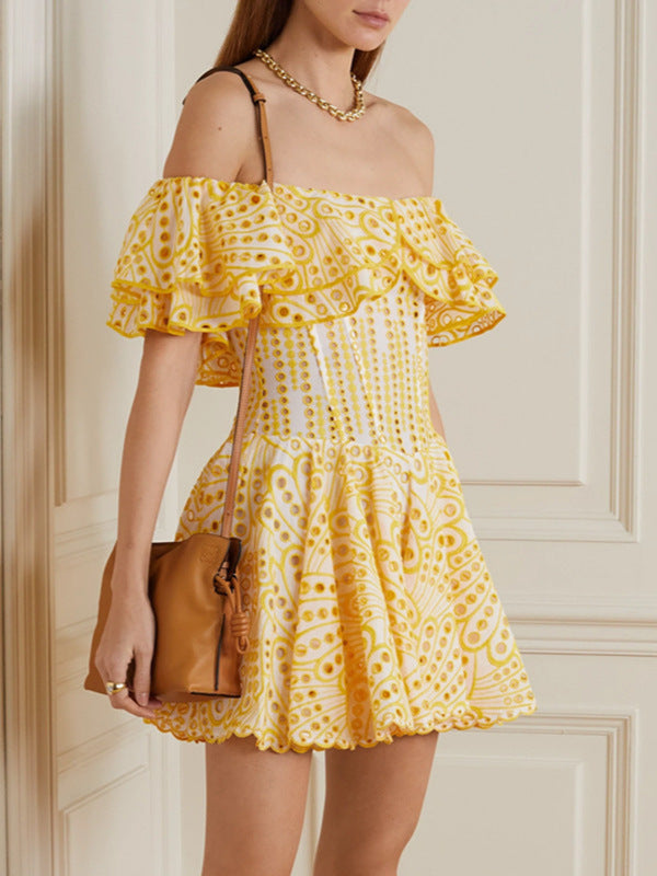 Embroidered Off-Shoulder Eyelet Mini Dress - kawaii-inspired outfit in pastel colors - 86761034
