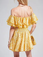 Embroidered Off-Shoulder Eyelet Mini Dress - kawaii-inspired outfit in pastel colors - 71341219