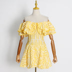 Embroidered Off-Shoulder Eyelet Mini Dress - kawaii-inspired outfit in pastel colors - 95936767