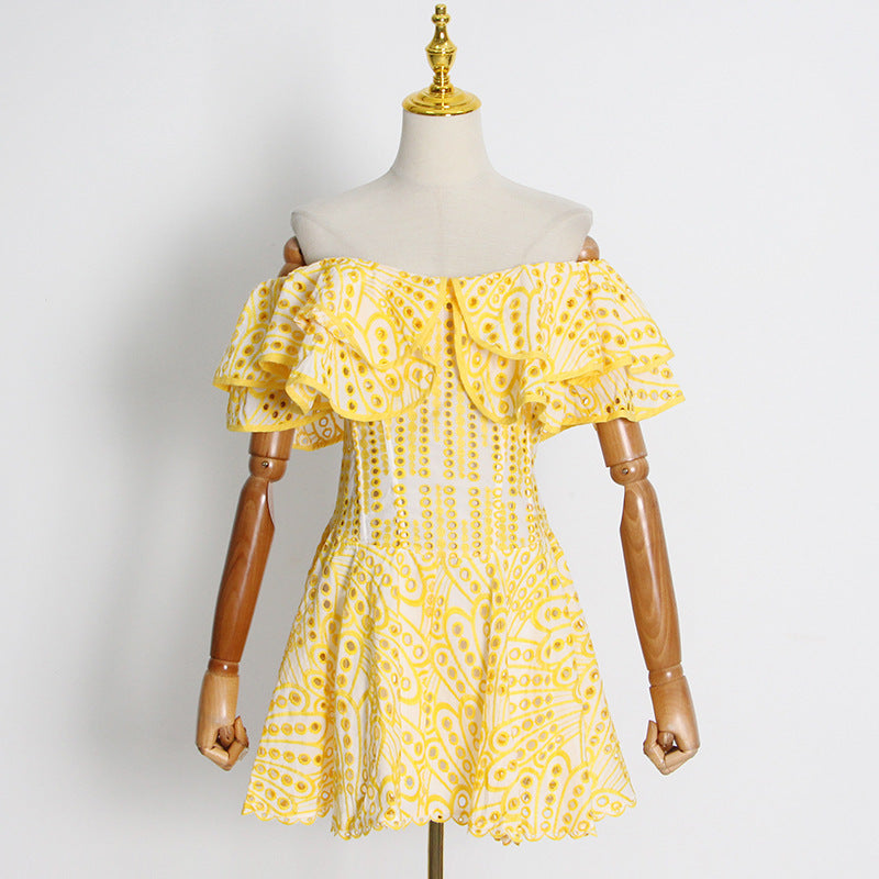 Embroidered Off-Shoulder Eyelet Mini Dress - kawaii-inspired outfit in pastel colors - 95936767