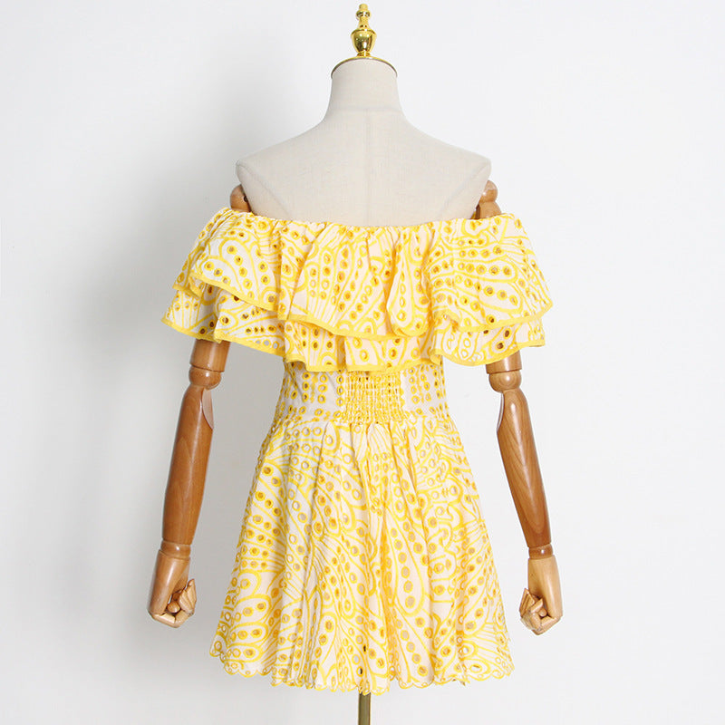 Embroidered Off-Shoulder Eyelet Mini Dress - kawaii-inspired outfit in pastel colors - 52272415