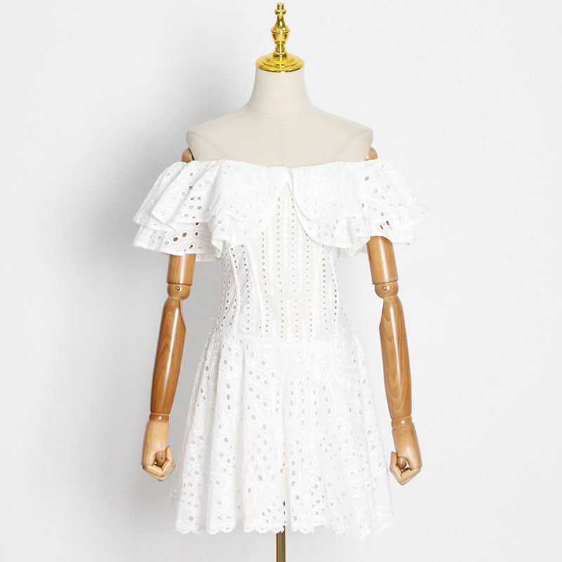 Embroidered Off-Shoulder Eyelet Mini Dress - kawaii-inspired outfit in pastel colors - 50781113