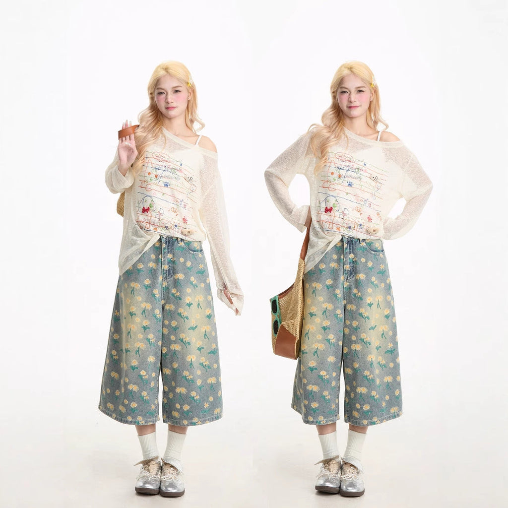 Pink Graffiti Sheer Off-Shoulder Knit Top - kawaii-inspired outfit in pastel colors - 73357520