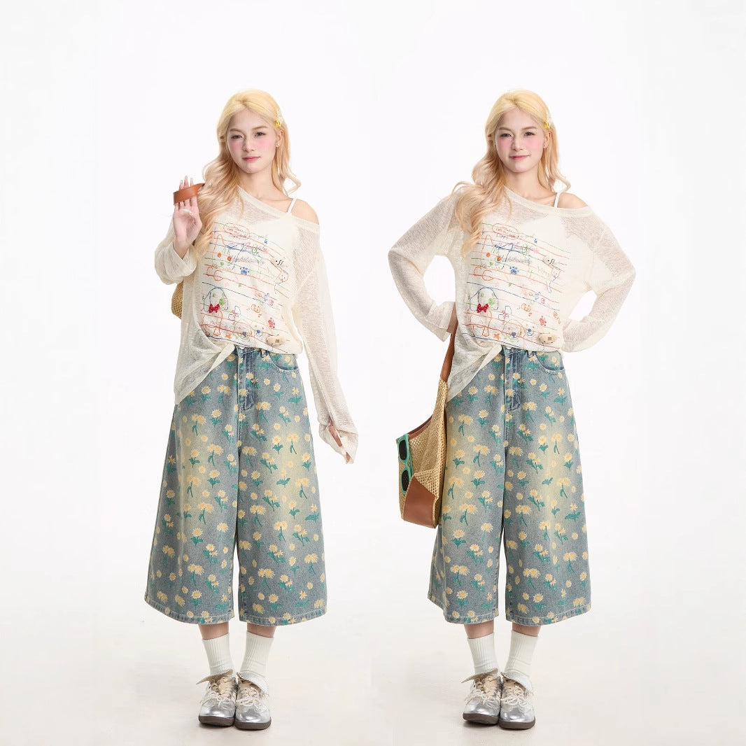 Pink Graffiti Sheer Off-Shoulder Knit Top - kawaii-inspired outfit in pastel colors - 73357520