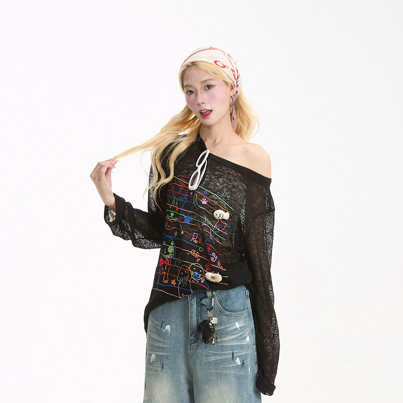 Pink Graffiti Sheer Off-Shoulder Knit Top - kawaii-inspired outfit in pastel colors - 83103858