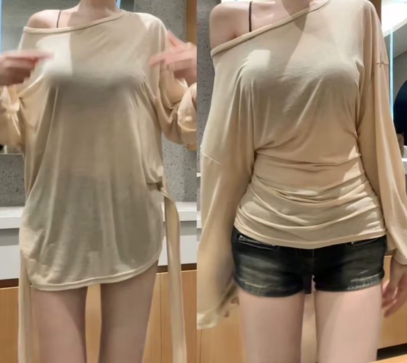 Off-Shoulder Oversized Long Sleeve Top - Khaki / S - Off-Shoulder Long Sleeve Top