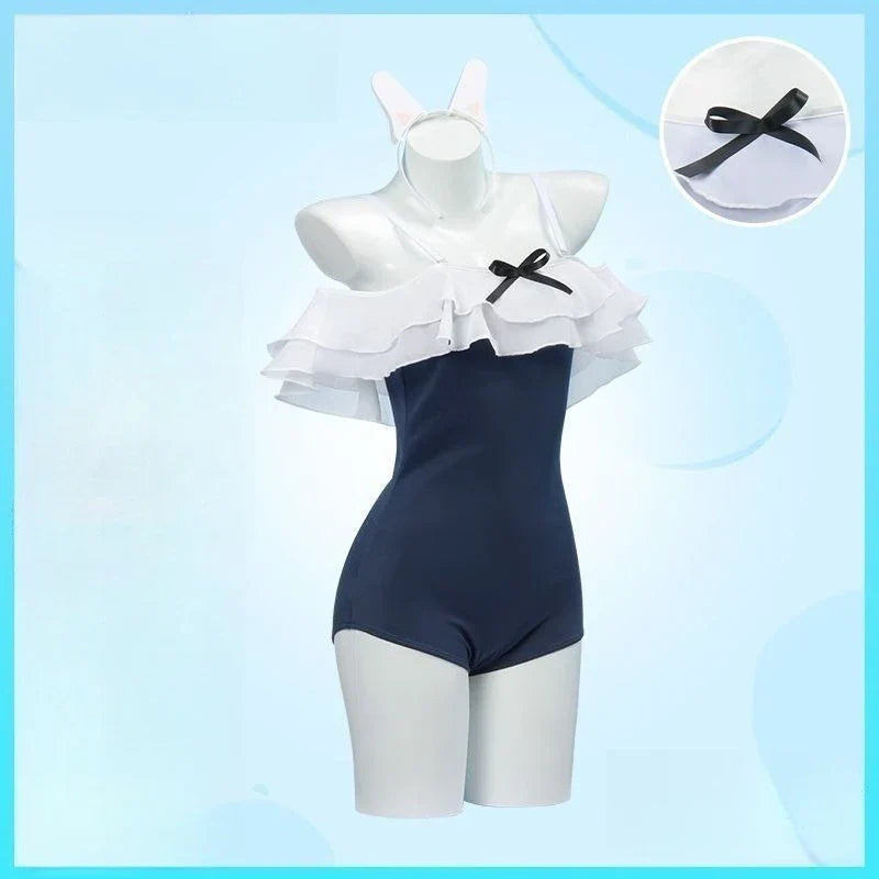 Japanese Kawaii Off Shoulder Bathing Suit Navy White Ruffle Trim One Piece Swimsuit 2026 Bunny Ear Detail Bow Accent