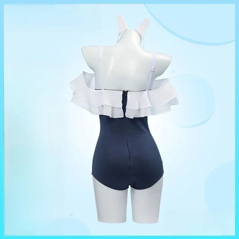 Japanese Kawaii Off Shoulder Bathing Suit Navy White Ruffle Trim One Piece Swimsuit 2026 Bunny Ear Detail Bow Accent
