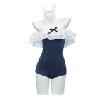 Japanese Kawaii Off Shoulder Bathing Suit Navy White Ruffle Trim One Piece Swimsuit 2026 Bunny Ear Detail Bow Accent