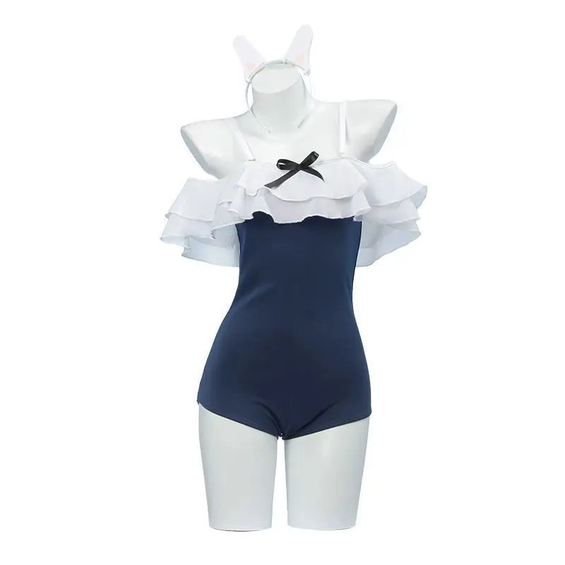 Japanese Kawaii Off Shoulder Bathing Suit Navy White Ruffle Trim One Piece Swimsuit 2026 Bunny Ear Detail Bow Accent