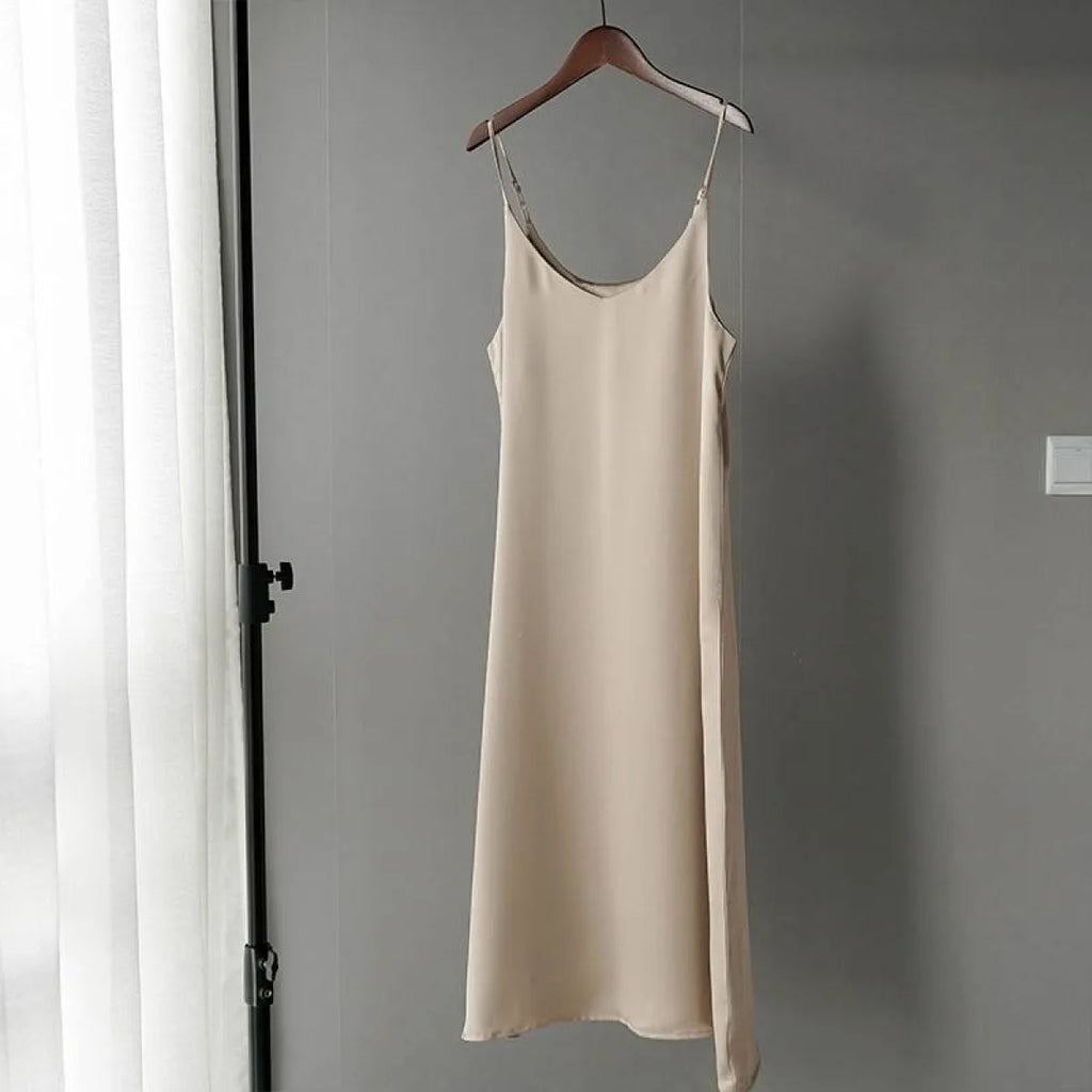 Satin Slip Dress Midi Sleeveless V-Neck Empire Waist