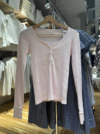 Six Buttons Ribbed Long Sleeve T-shirts Women Spring Round Neck Cotton Slim Tee Top Female Sweet Cute Pink Tshirt Y2k
