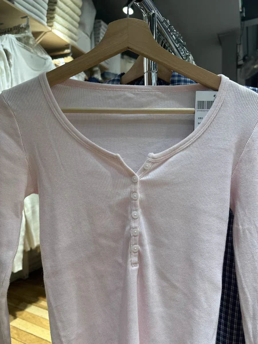 Six Buttons Ribbed Long Sleeve T-shirts Women Spring Round Neck Cotton Slim Tee Top Female Sweet Cute Pink Tshirt Y2k
