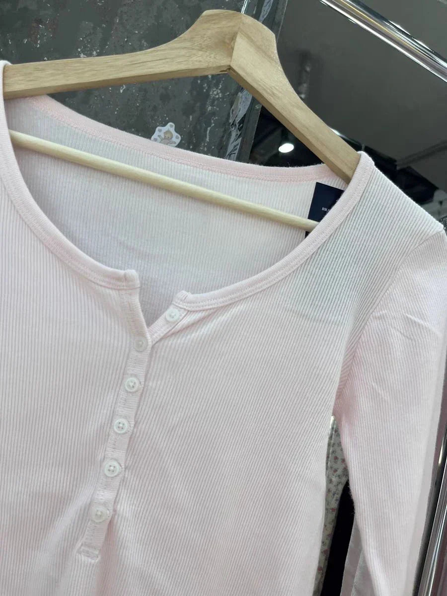 Six Buttons Ribbed Long Sleeve T-shirts Women Spring Round Neck Cotton Slim Tee Top Female Sweet Cute Pink Tshirt Y2k