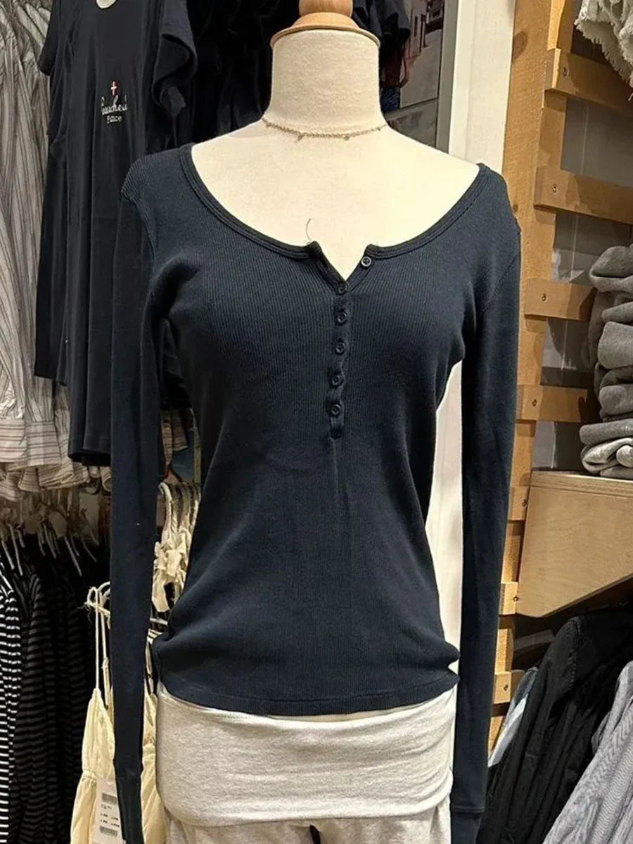 Six Buttons Ribbed Long Sleeve T-shirts Women Spring Round Neck Cotton Slim Tee Top Female Sweet Cute Pink Tshirt Y2k