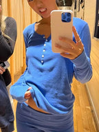 Six Buttons Ribbed Long Sleeve T-shirts Women Spring Round Neck Cotton Slim Tee Top Female Sweet Cute Pink Tshirt Y2k