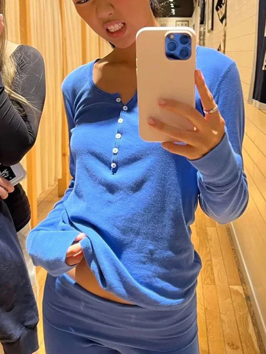 Six Buttons Ribbed Long Sleeve T-shirts Women Spring Round Neck Cotton Slim Tee Top Female Sweet Cute Pink Tshirt Y2k