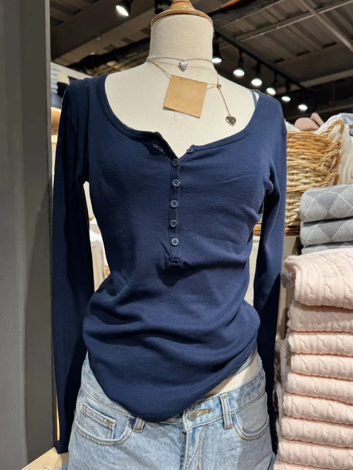 Six Buttons Ribbed Long Sleeve T-shirts Women Spring Round Neck Cotton Slim Tee Top Female Sweet Cute Pink Tshirt Y2k