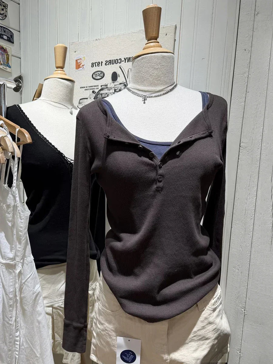 Six Buttons Ribbed Long Sleeve T-shirts Women Spring Round Neck Cotton Slim Tee Top Female Sweet Cute Pink Tshirt Y2k