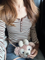 Six Buttons Ribbed Long Sleeve T-shirts Women Spring Round Neck Cotton Slim Tee Top Female Sweet Cute Pink Tshirt Y2k