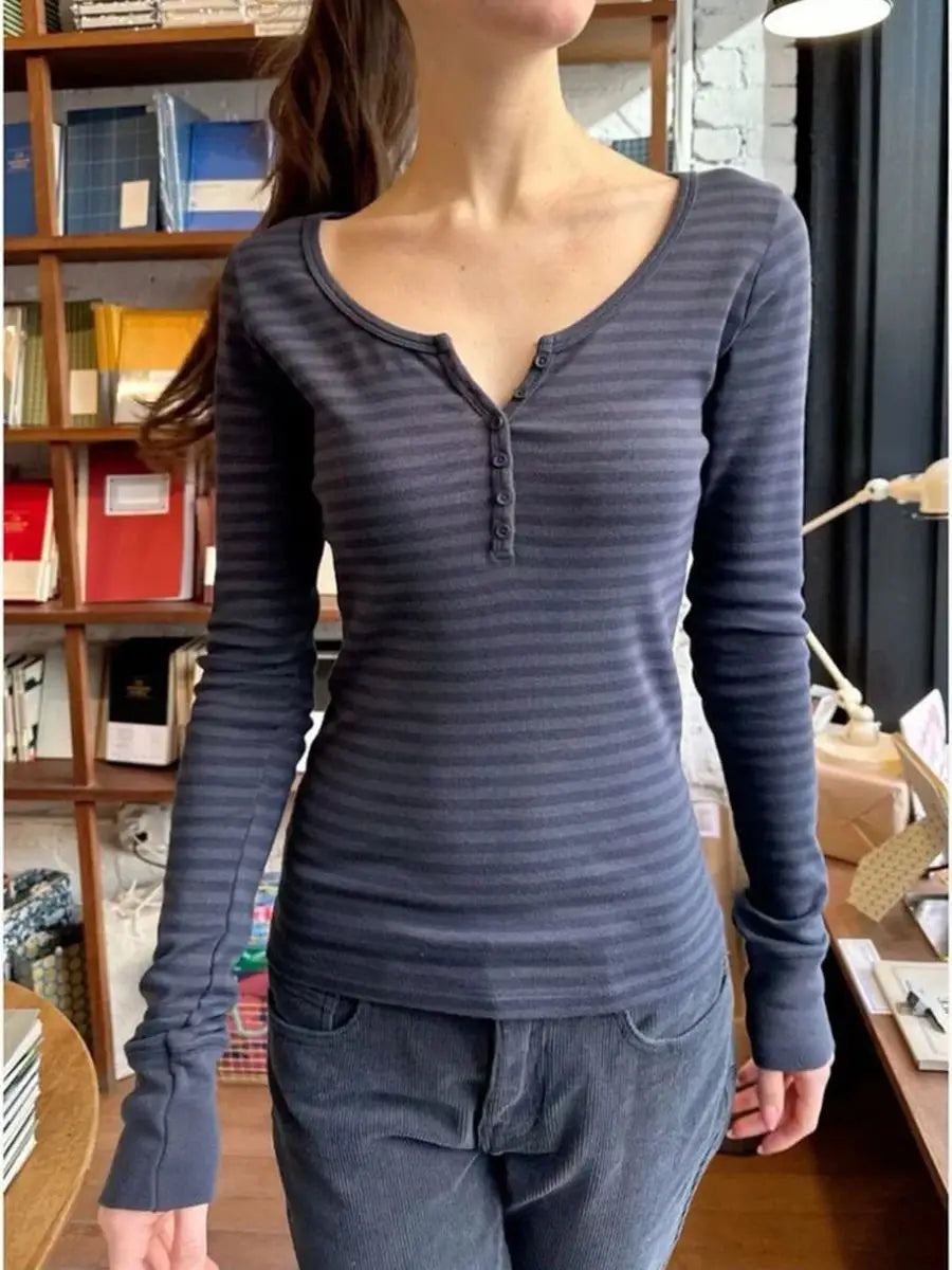 Six Buttons Ribbed Long Sleeve T-shirts Women Spring Round Neck Cotton Slim Tee Top Female Sweet Cute Pink Tshirt Y2k