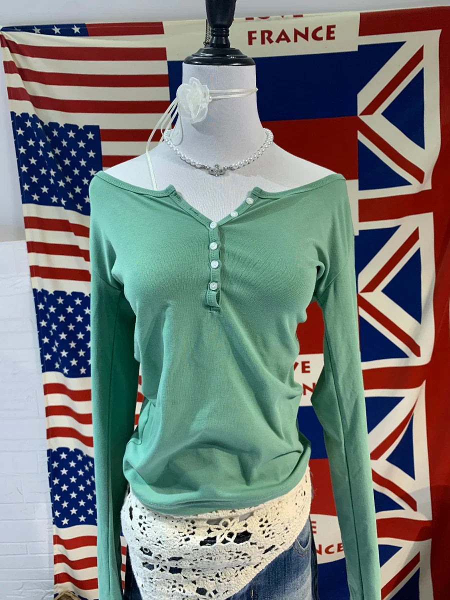 Six Buttons Ribbed Long Sleeve T-shirts Women Spring Round Neck Cotton Slim Tee Top Female Sweet Cute Pink Tshirt Y2k
