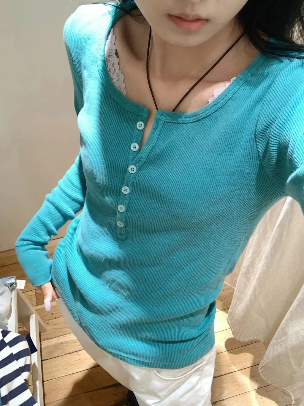 Six Buttons Ribbed Long Sleeve T-shirts Women Spring Round Neck Cotton Slim Tee Top Female Sweet Cute Pink Tshirt Y2k