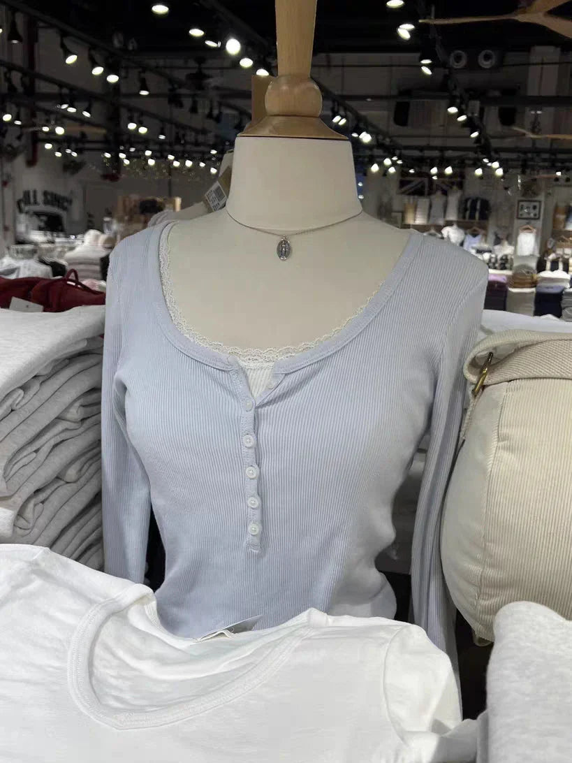 Six Buttons Ribbed Long Sleeve T-shirts Women Spring Round Neck Cotton Slim Tee Top Female Sweet Cute Pink Tshirt Y2k