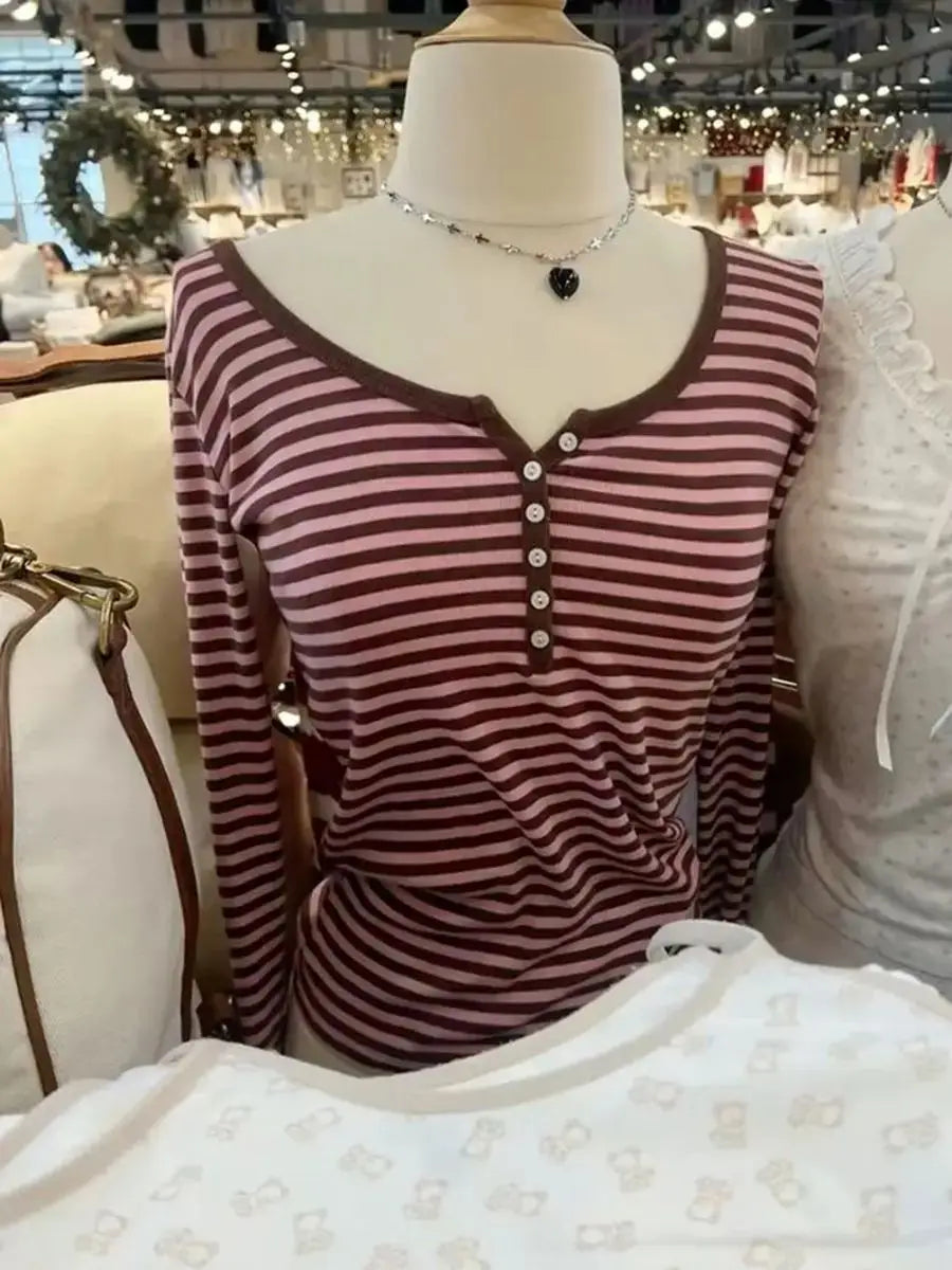 Six Buttons Ribbed Long Sleeve T-shirts Women Spring Round Neck Cotton Slim Tee Top Female Sweet Cute Pink Tshirt Y2k