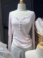 Six Buttons Ribbed Long Sleeve T-shirts Women Spring Round Neck Cotton Slim Tee Top Female Sweet Cute Pink Tshirt Y2k