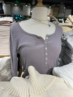 Six Buttons Ribbed Long Sleeve T-shirts Women Spring Round Neck Cotton Slim Tee Top Female Sweet Cute Pink Tshirt Y2k