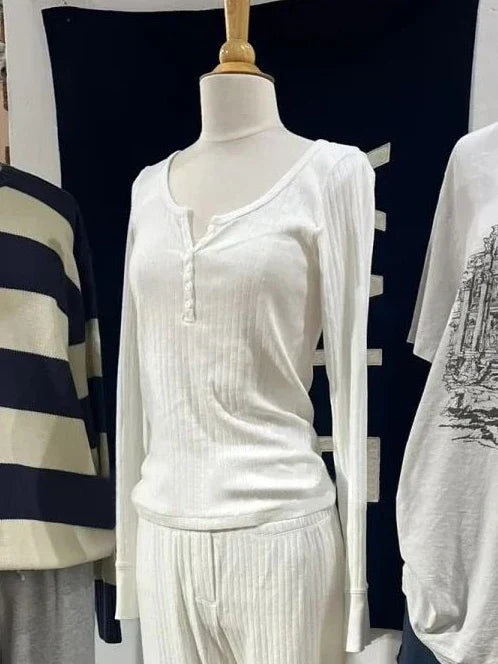 Six Buttons Ribbed Long Sleeve T-shirts Women Spring Round Neck Cotton Slim Tee Top Female Sweet Cute Pink Tshirt Y2k