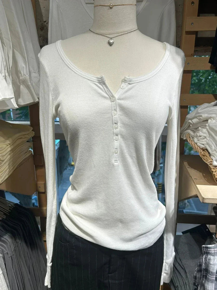 Six Buttons Ribbed Long Sleeve T-shirts Women Spring Round Neck Cotton Slim Tee Top Female Sweet Cute Pink Tshirt Y2k