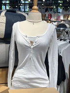 Six Buttons Ribbed Long Sleeve T-shirts Women Spring Round Neck Cotton Slim Tee Top Female Sweet Cute Pink Tshirt Y2k