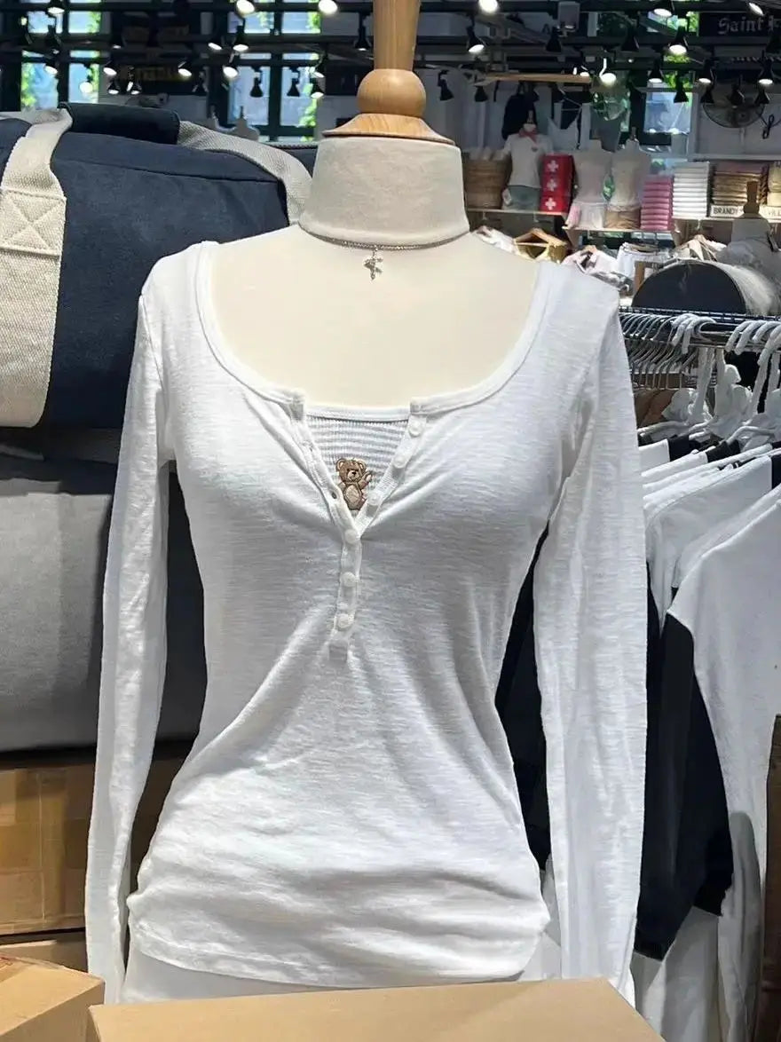 Six Buttons Ribbed Long Sleeve T-shirts Women Spring Round Neck Cotton Slim Tee Top Female Sweet Cute Pink Tshirt Y2k