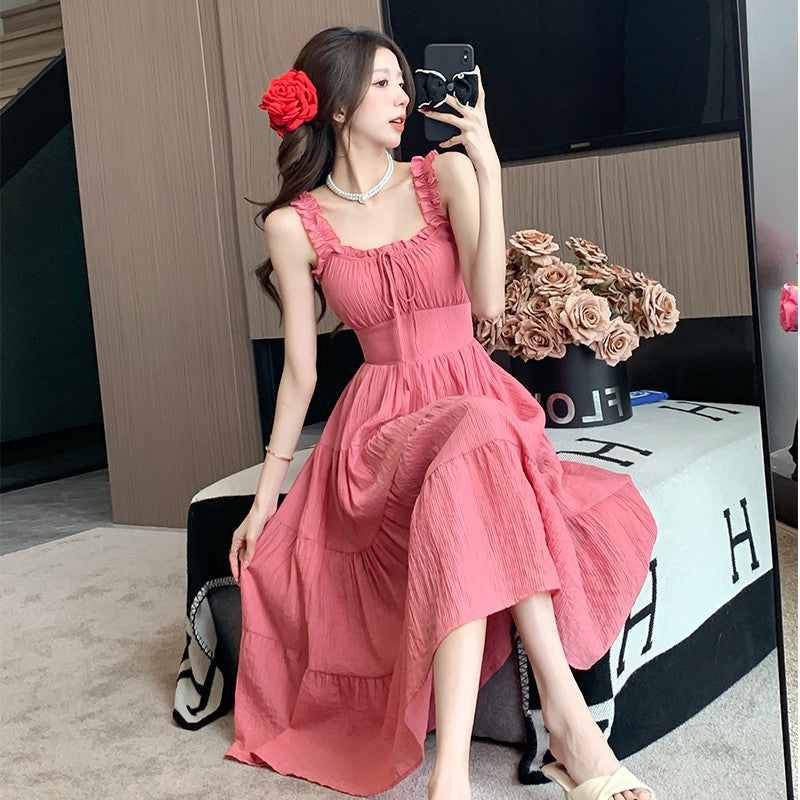 Dopamine Outfit Seaside Resort Style Beach Dress 2024 Cross-Border French Style Sexy Dress - Pink / S