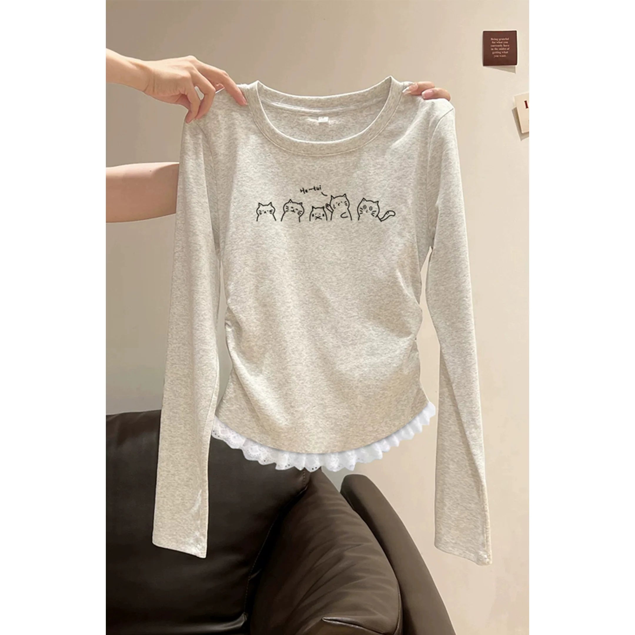 Korean Slim-Fit Early-Autumn Long-Sleeve Tee - kawaii-inspired outfit in pastel colors - 24346472